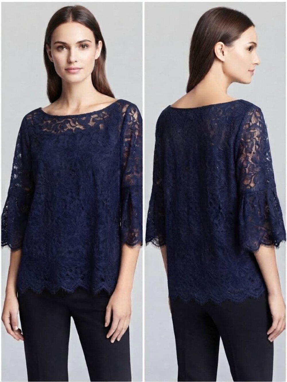Trina Turk September Lace Bell Sleeves Scalloped Eyelash Hem Top Navy Blue Large